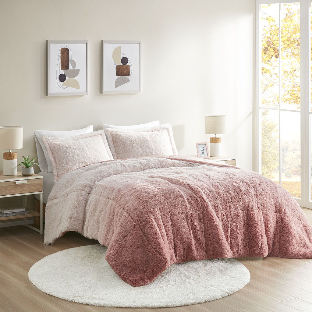 Brielle - Twin Ombre Shaggy Long Comforter Mini Set - Blush