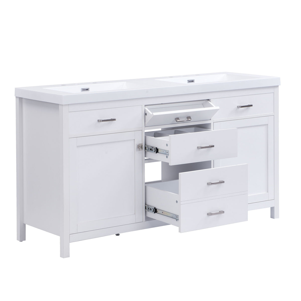 Double Sink Bathroom Vanity With Top, Soft Closing Doors & Drawers, Tip Out Drawer, 2 Cabinet Doors, Adjustable Shelf - White