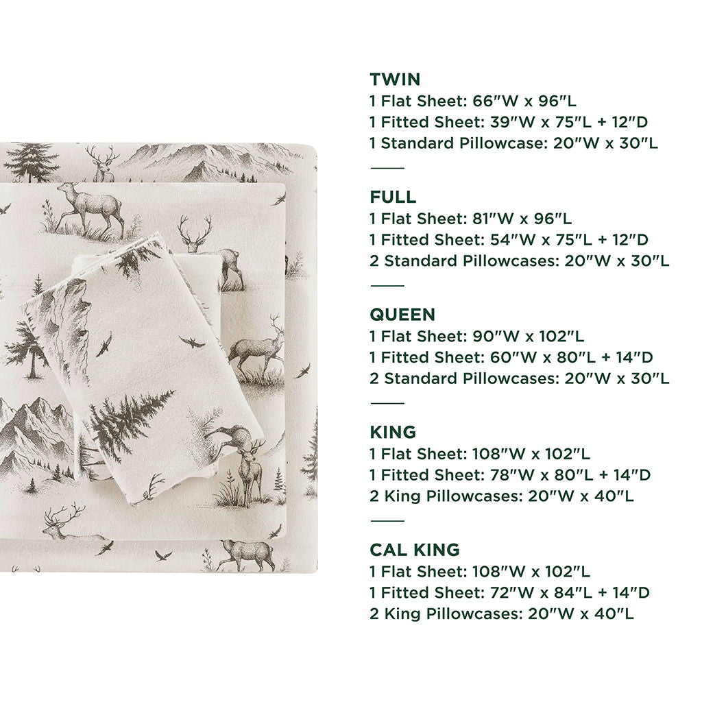 Flannel - 4 Piece California King Sheet Set - Gray Deer Toile