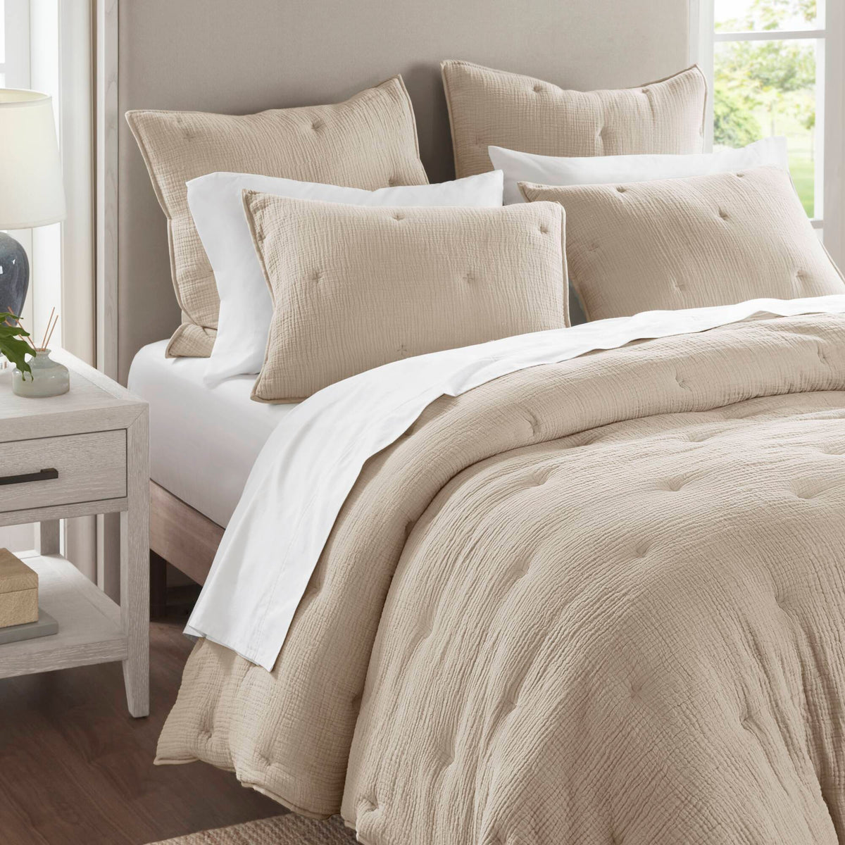 Breeze - King Cotton Gauze Embroidered Quilt Set - Taupe