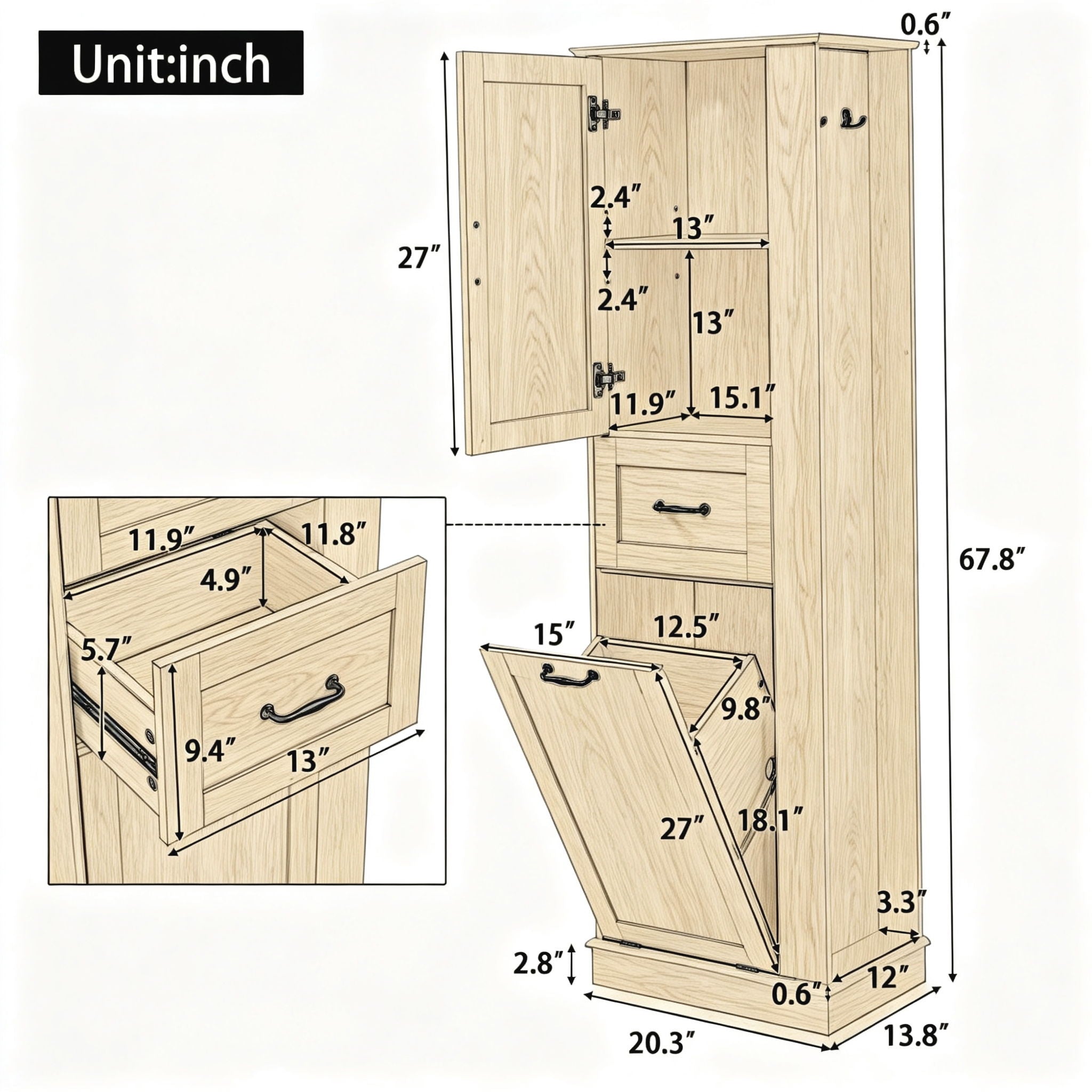 Modern Tall Storage Cabinet With Tilt-Out Compartment, Adjustable Shelves