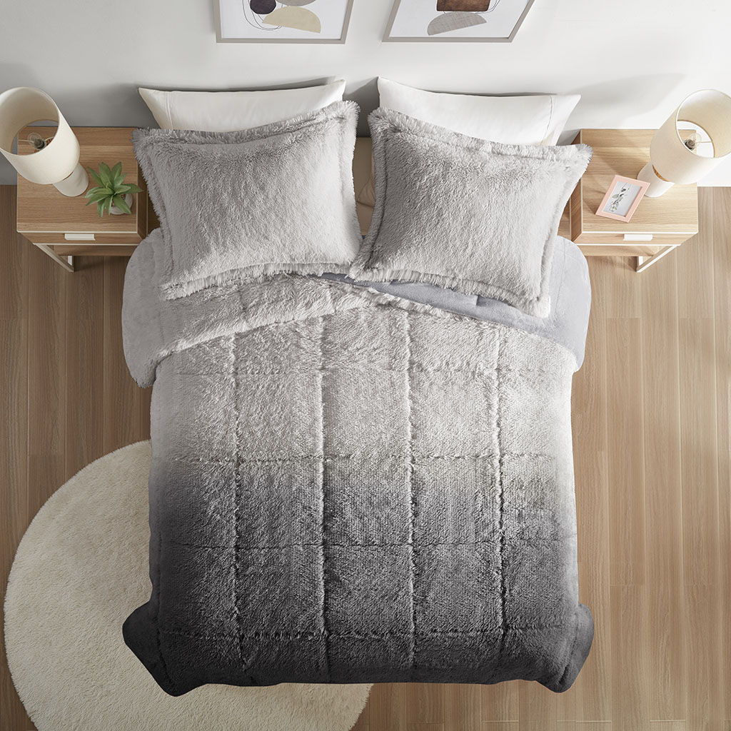 Brielle - King Ombre Shaggy Long Comforter Mini Set - Gray