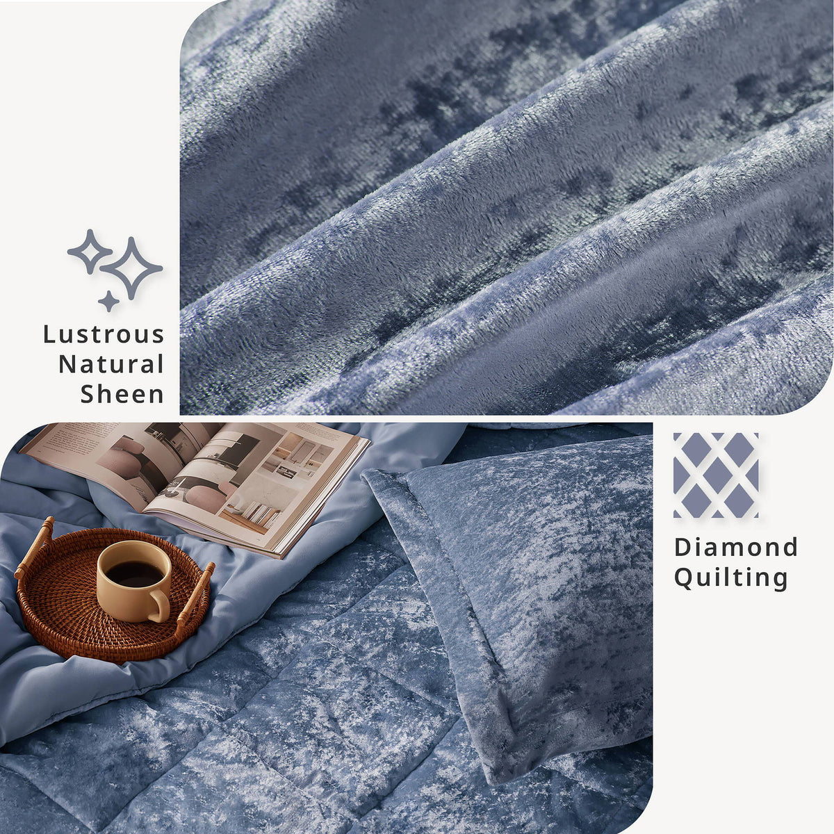 Felicia - Velvet Queen Duvet Cover Set With Throw Pillow - Blue