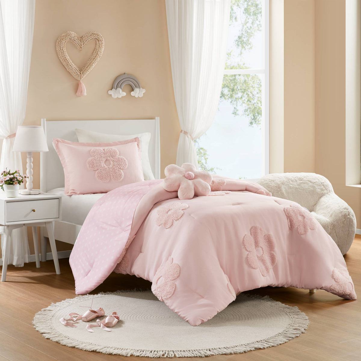 Gracie - Twin Floral Reversible Comforter Set With Flower Throw Pillow - Pink