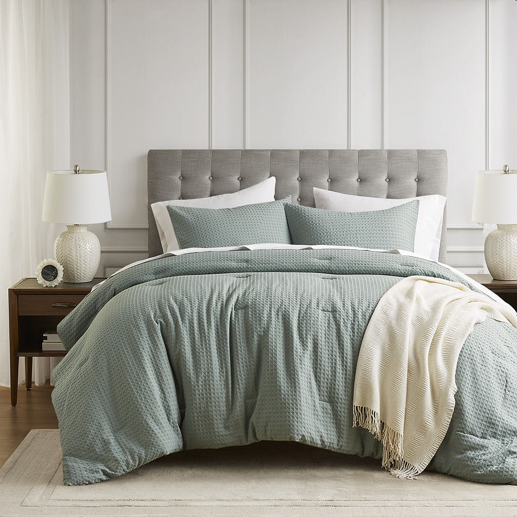 Mina - King/California King Waffle Weave Textured Comforter Set - Sage Green