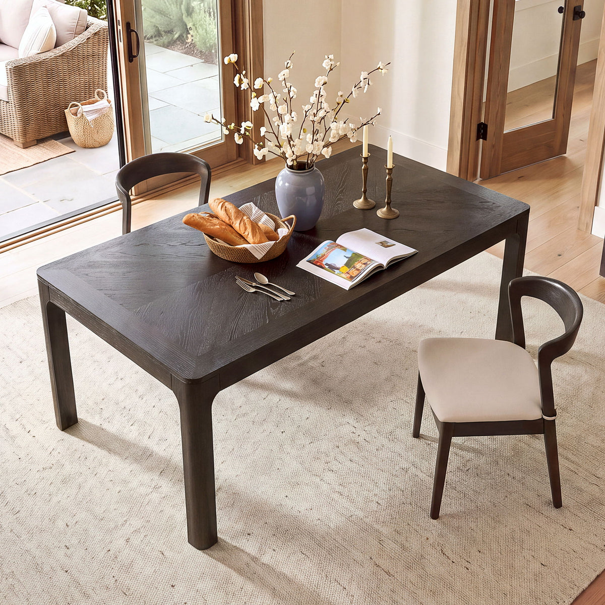 Rectangular Dining Table With Parquet Top, Rounded Corners