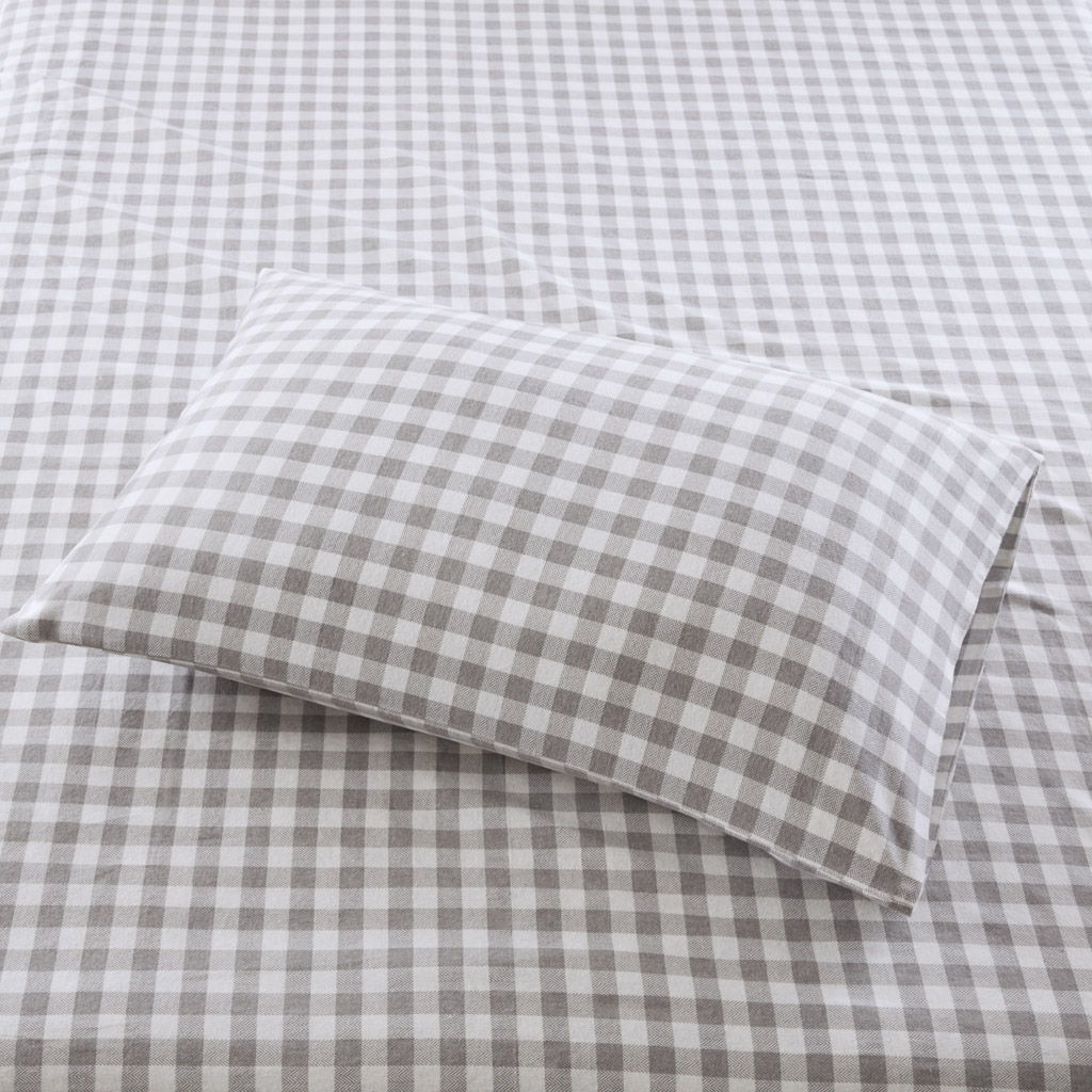 Cozy Flannel - 3 Piece Twin Long Printed Sheet Set - Gray Herringbone Check