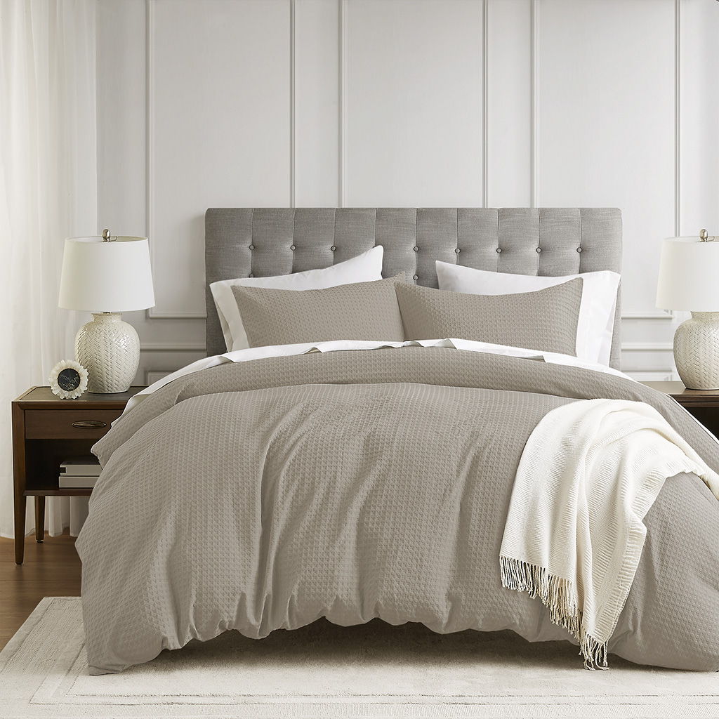 Mina - King/California King Waffle Weave Textured Duvet Cover Set - Neutral