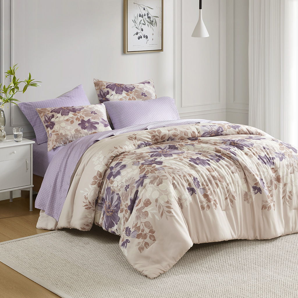 Luna - 5 Piece Twin Floral Comforter Set With Bed Sheets - Taupe