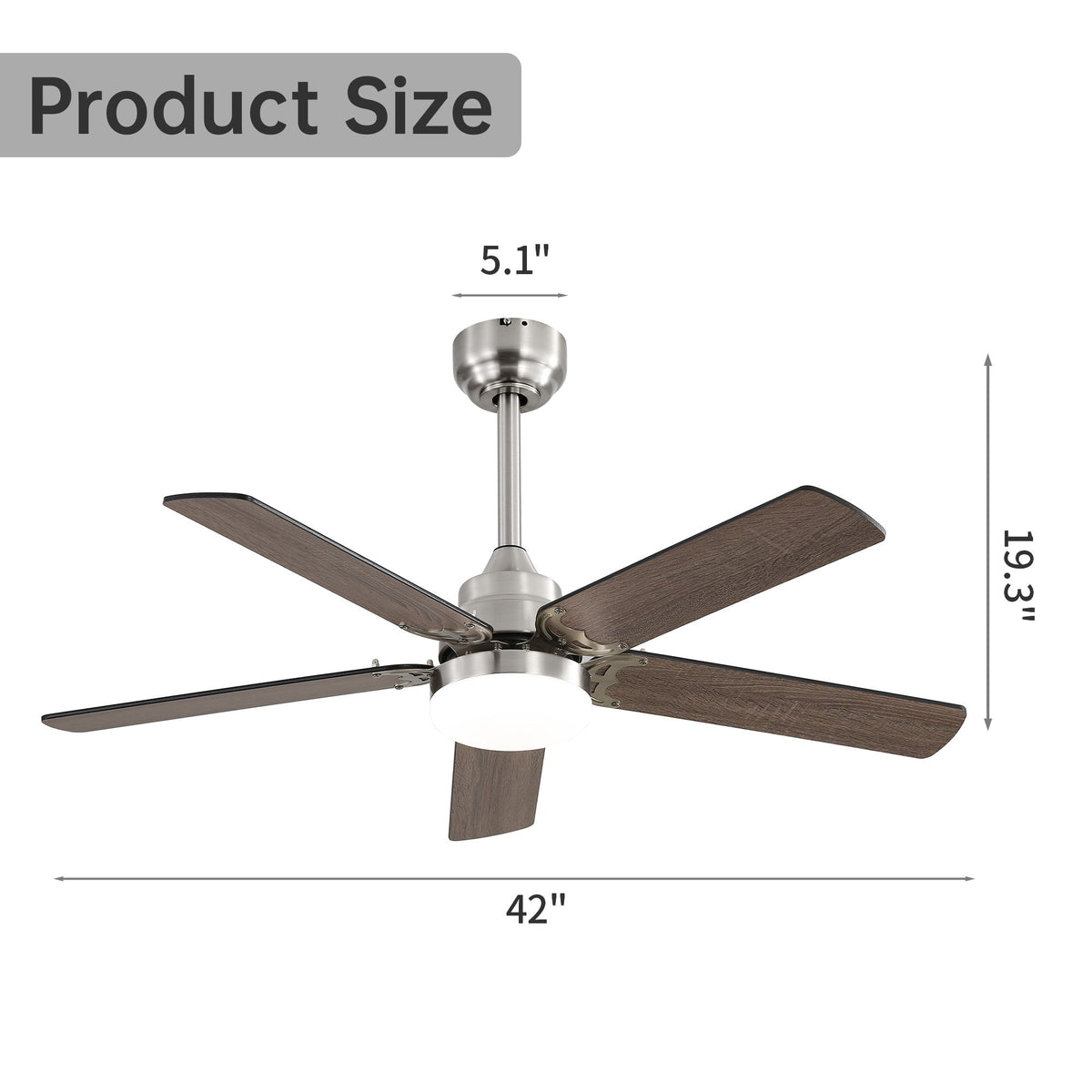 42" Ceiling Fan With Reversible DC Motor, LED Light, 5 Blade Design - Nickel