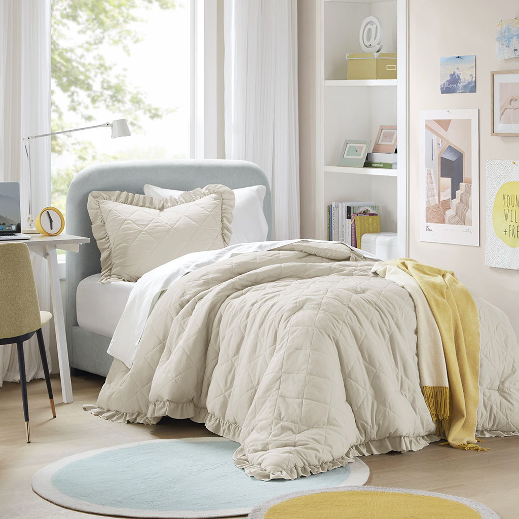 Phoebe - Twin/Twin Long Diamond Quilted Ruffle Edge Comforter Set - Neutral