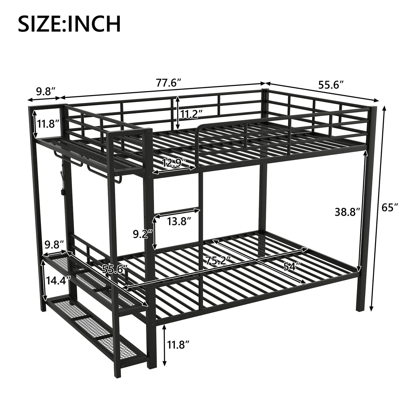 Bunk Bed With Storage Shelves, Clothes Hooks, LED Light