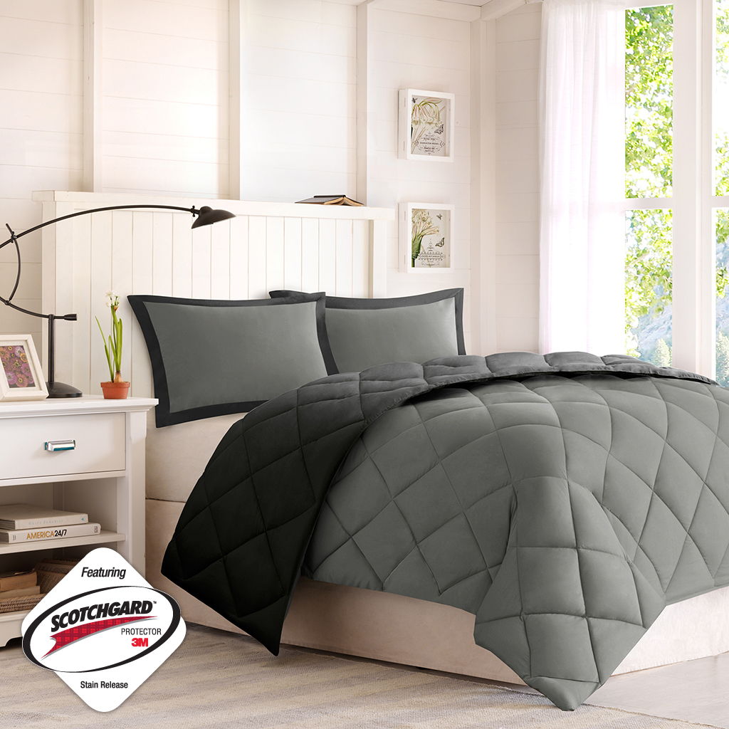 Larkspur - Twin 3M Scotchgard Diamond Quilting Reversible Down Alternative Comforter Set - Black / Gray