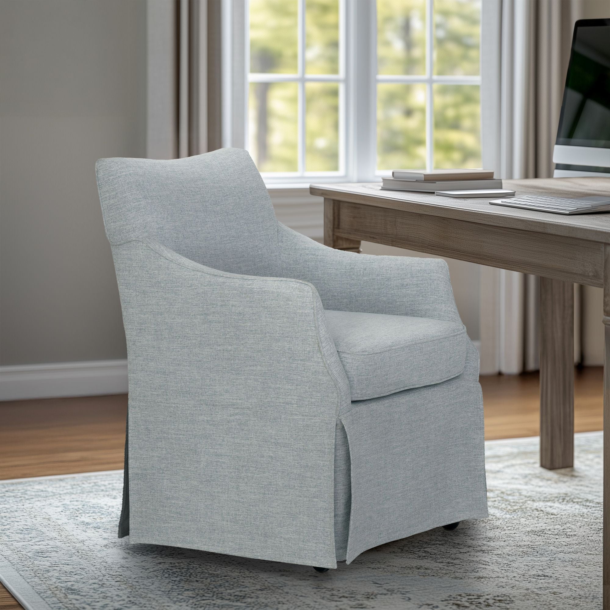 London - Upholstered Skirted Dining Arm Chair With Hidden Casters - Light Blue