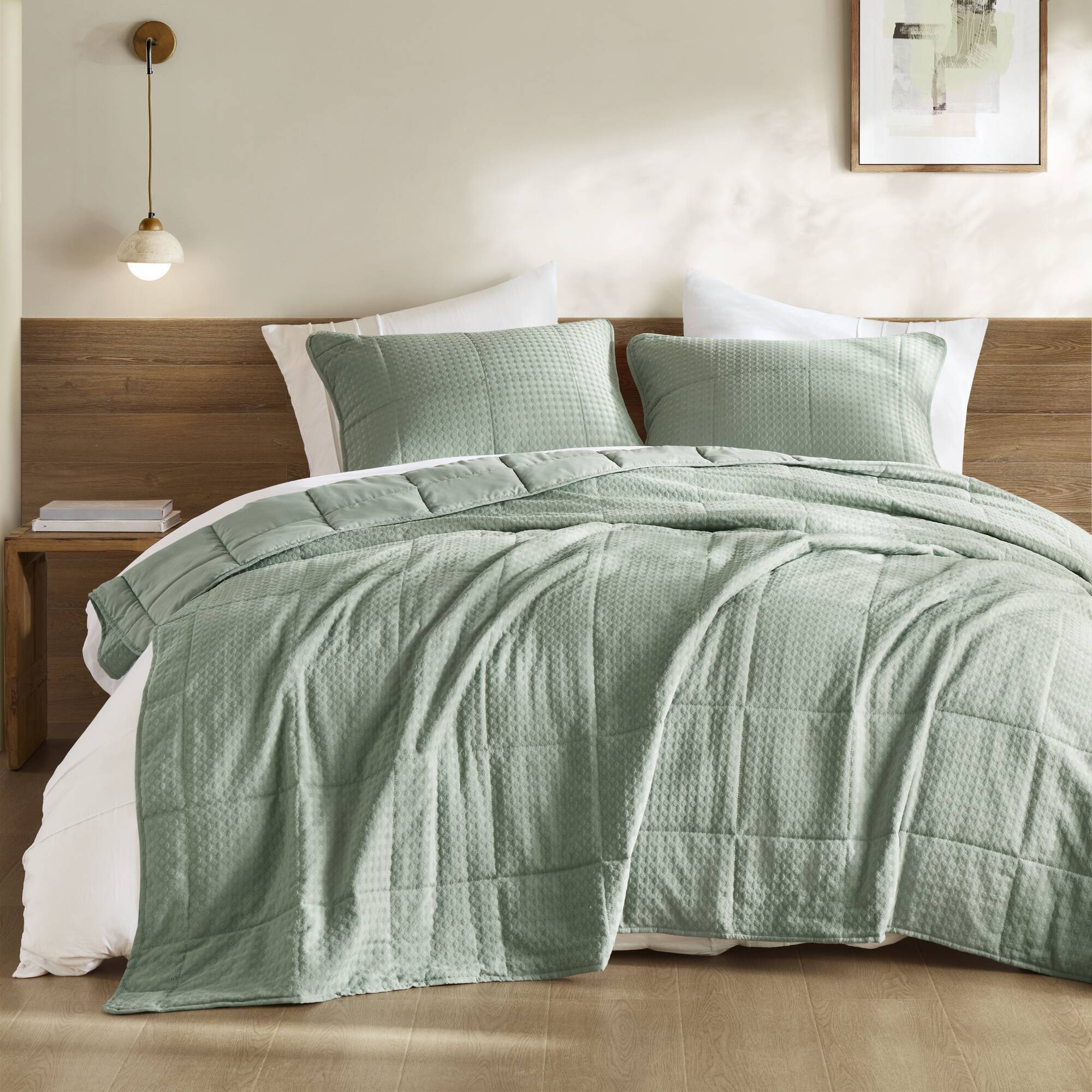 Mina - Full/Queen Waffle Weave Textured Quilt Set - Green