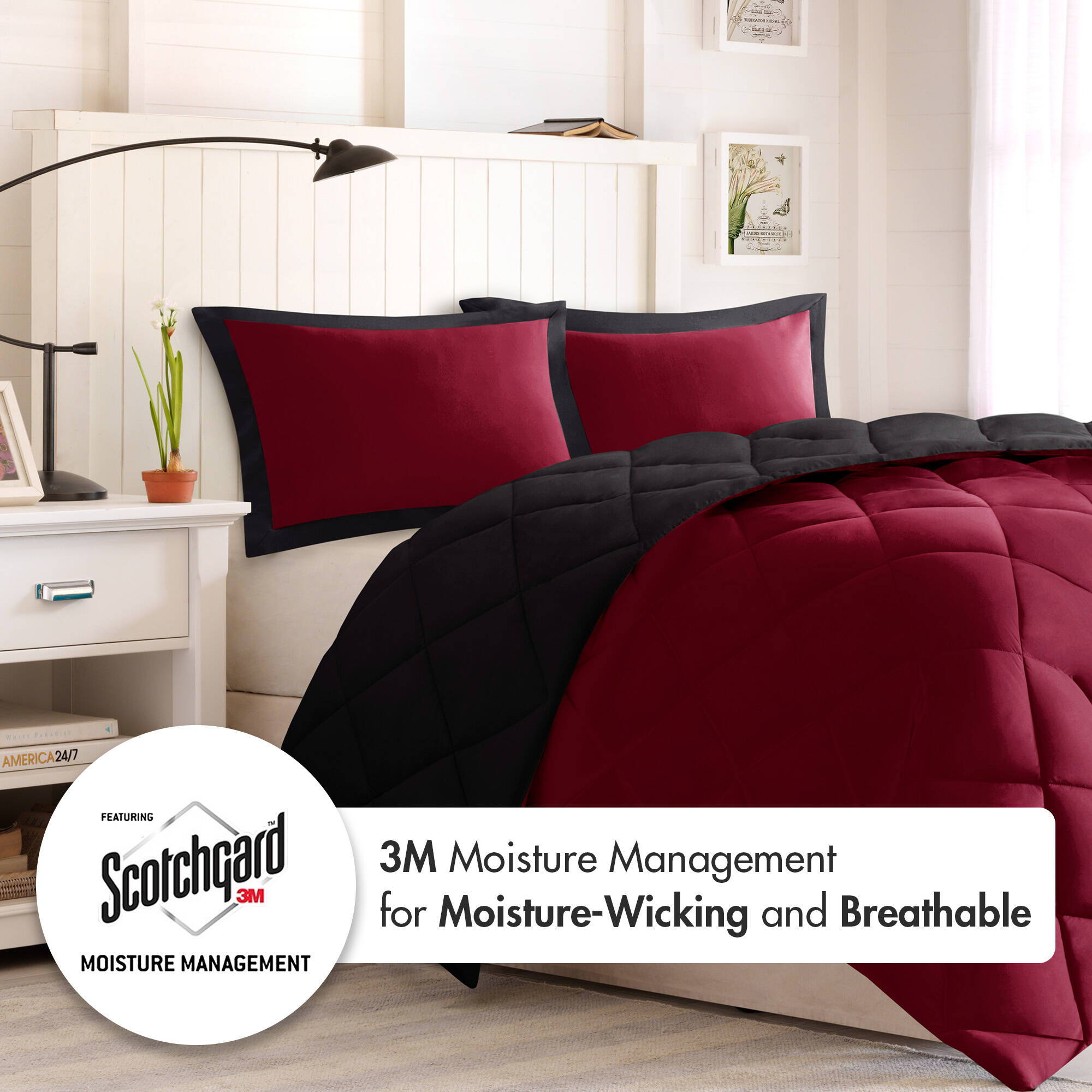Larkspur - King/California King 3M Scotchgard Diamond Quilting Reversible Down Alternative Comforter Set - Red/Black