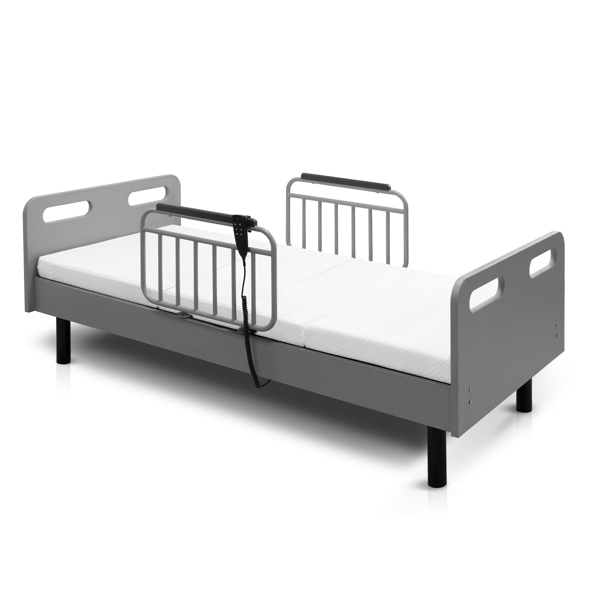 Electric Adjustable Hospital Bed For Home Use With Wired Remote Control, Memory Foam Mattress - Gray / White