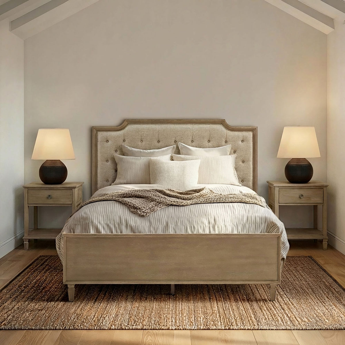 Victoria - Wood Bed With Upholstered Headboard And Built-In Storage Drawer - Natural