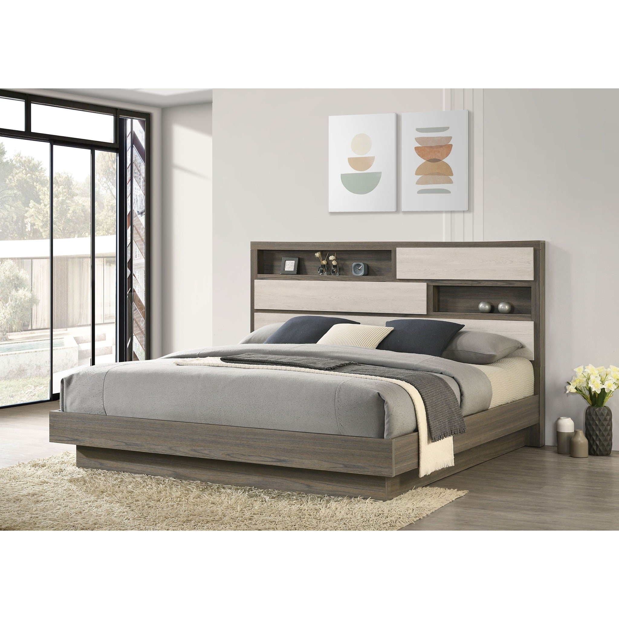 Eastern King Bed Bookcase Headboard With Hidden Storage - Oak