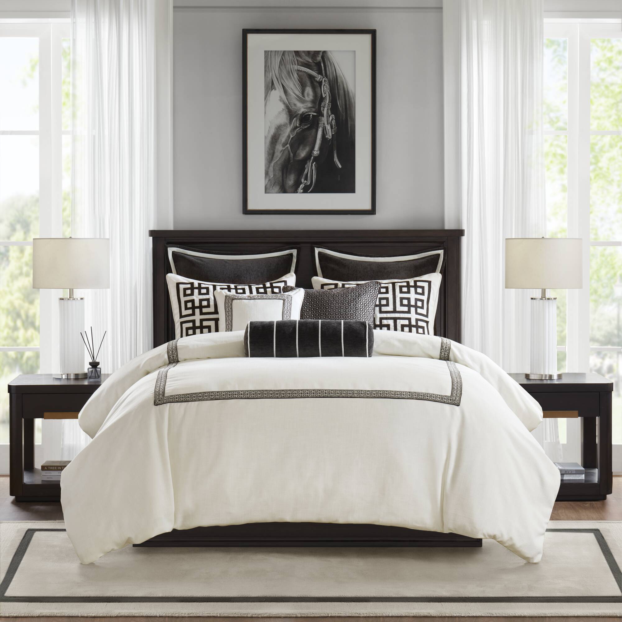 Jarvis - 9 Piece King Embroidery Oversized Duvet Style Comforter Set - Black / White