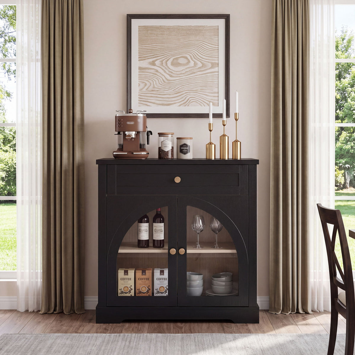 Sideboard Cabinet With 1 Drawer And 2 Arched Doors With Adjustable Shelves For Entryway - Black