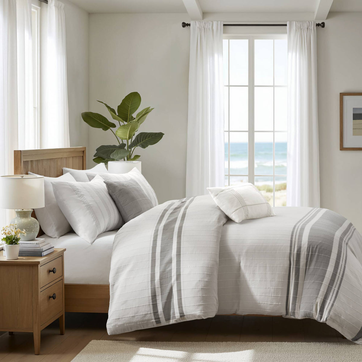Morgan - 5 Piece Jaquard Duvet Set - White / Gray