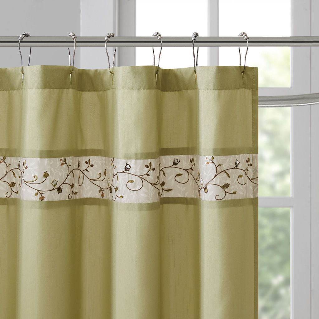 Serene - Embroidered Floral Shower Curtain - Green