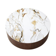 Round Coffee Table With 2 Drawers For Living Room - Walnut Brown / White / Multi
