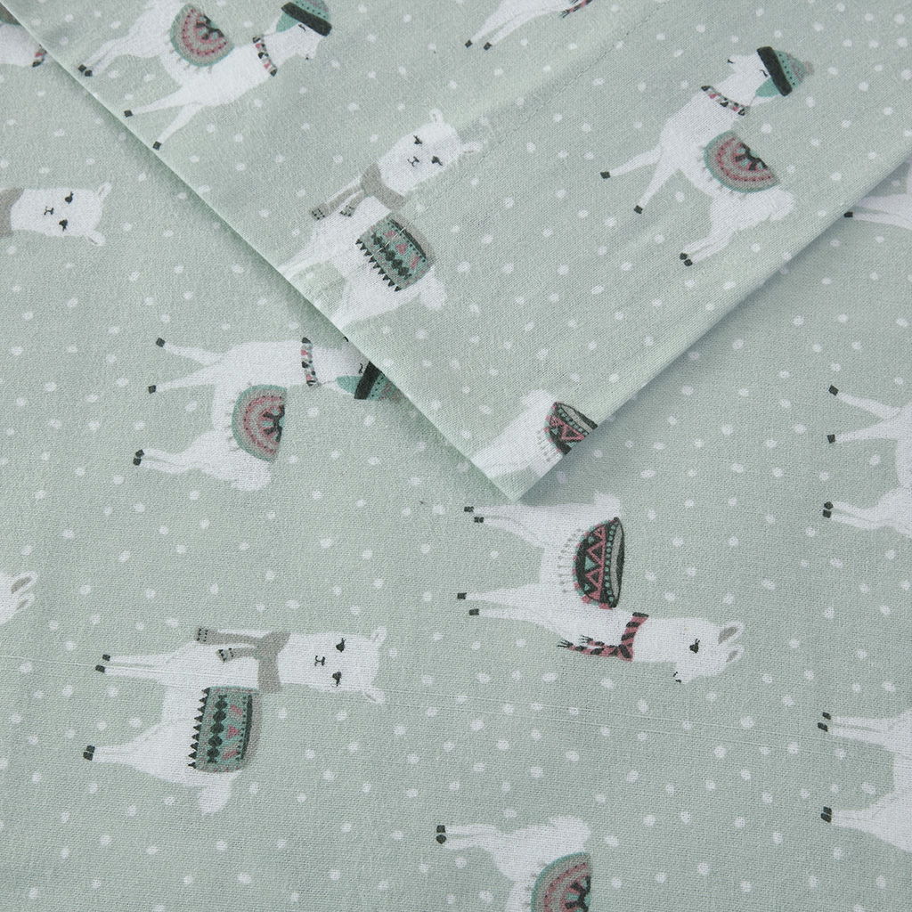 Cozy Flannel - Printed Sheet Set - Seafoam Llama