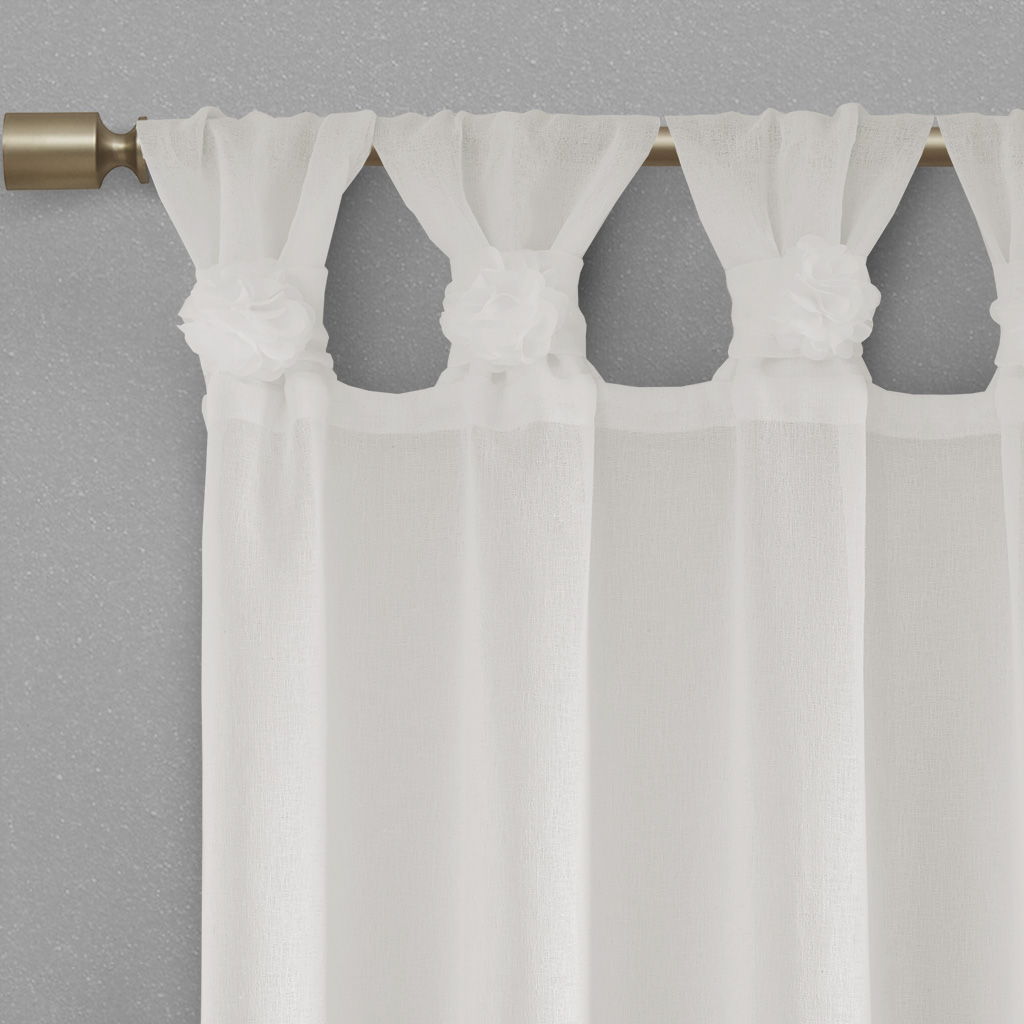 Rosette - 95" Floral Embellished Cuff Tab Top Solid Window Panel - White