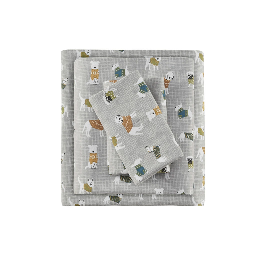 Cozy Flannel - King Printed Sheet Set - Gray Dogs
