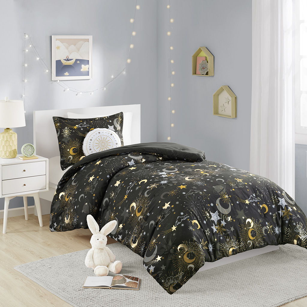 Celia - Starry Sky Metallic Twin Comforter Set With Throw Pillow - Charcoal / Gold