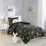 Celia - Starry Sky Metallic Twin Comforter Set With Throw Pillow - Charcoal / Gold