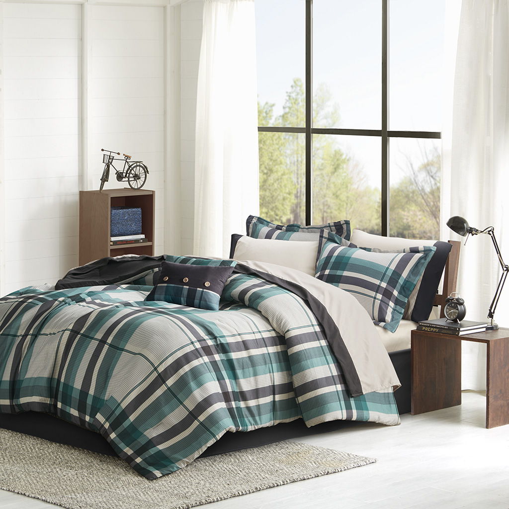 Robbie - 7 Piece Twin Plaid Comforter Set With Bed Sheets - Teal / Black