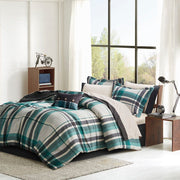 Robbie - 7 Piece Twin Long Plaid Comforter Set With Bed Sheets - Teal / Black