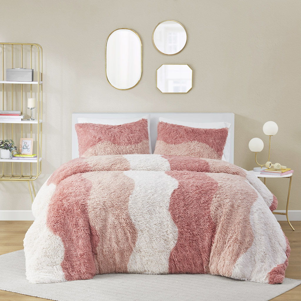 Cassie - Twin Ombre Shaggy Faux Fur Comforter Set - Blush Multi