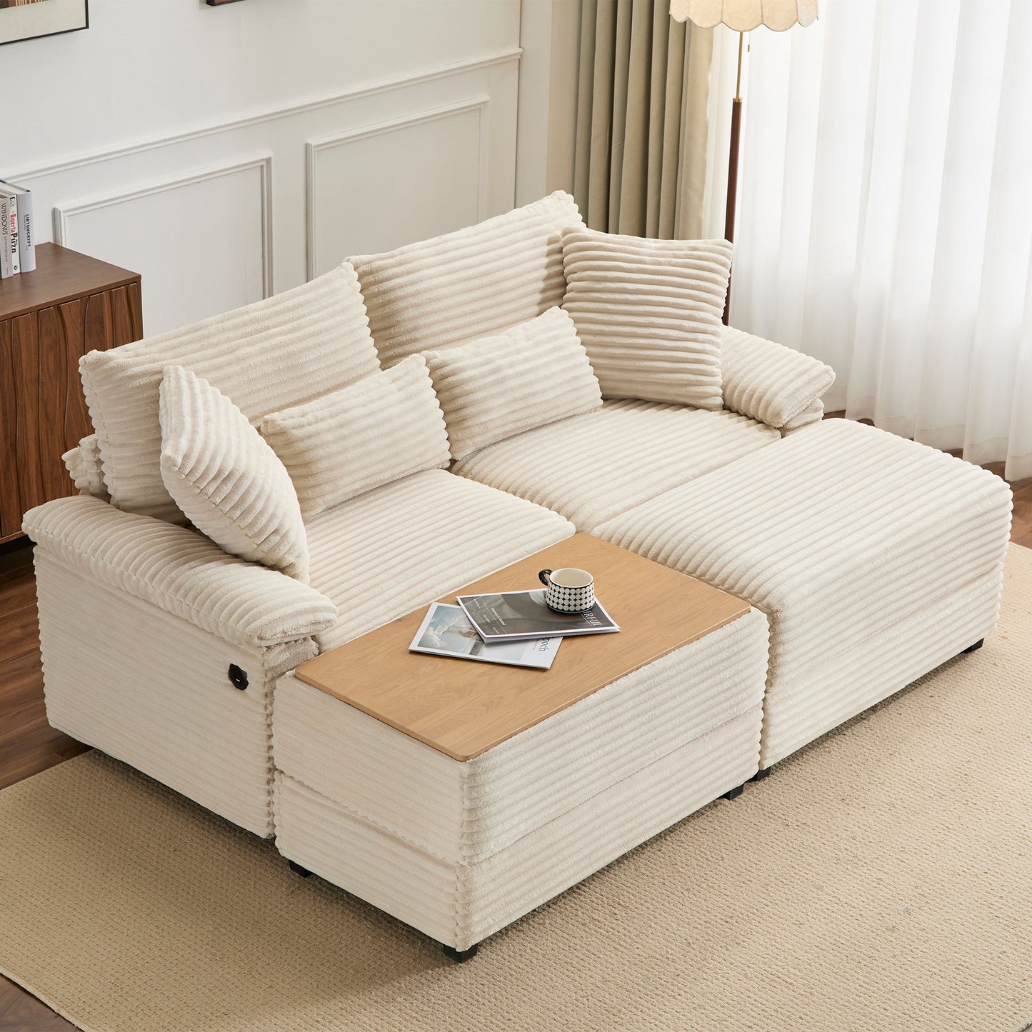 Double Chaise Lounge Set With Reversible Storage Ottomans, USB Port