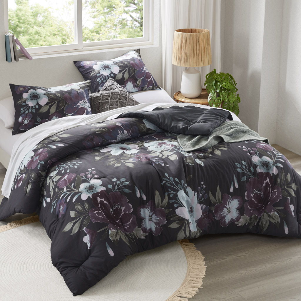 Jolene - 3 Piece King/California King Printed Comforter Set - Dark Gray/Plum