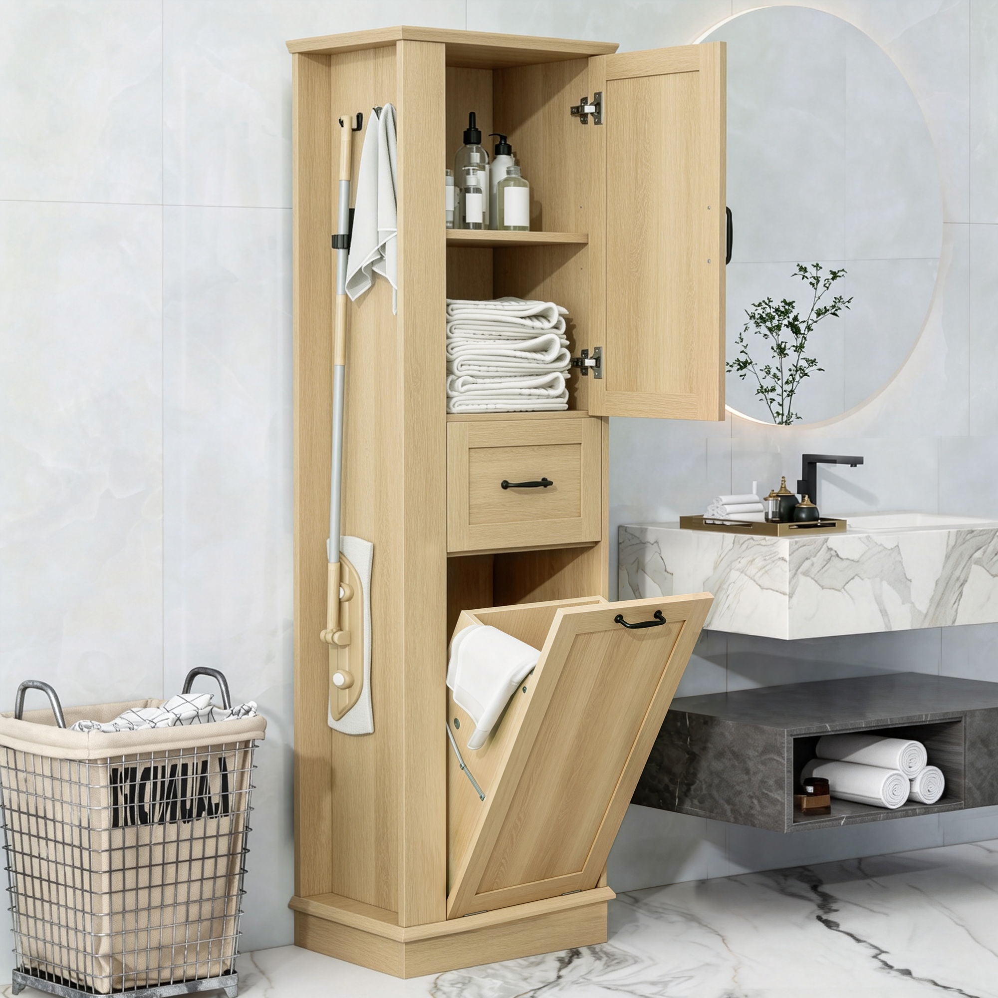 Modern Tall Storage Cabinet With Tilt-Out Compartment, Adjustable Shelves