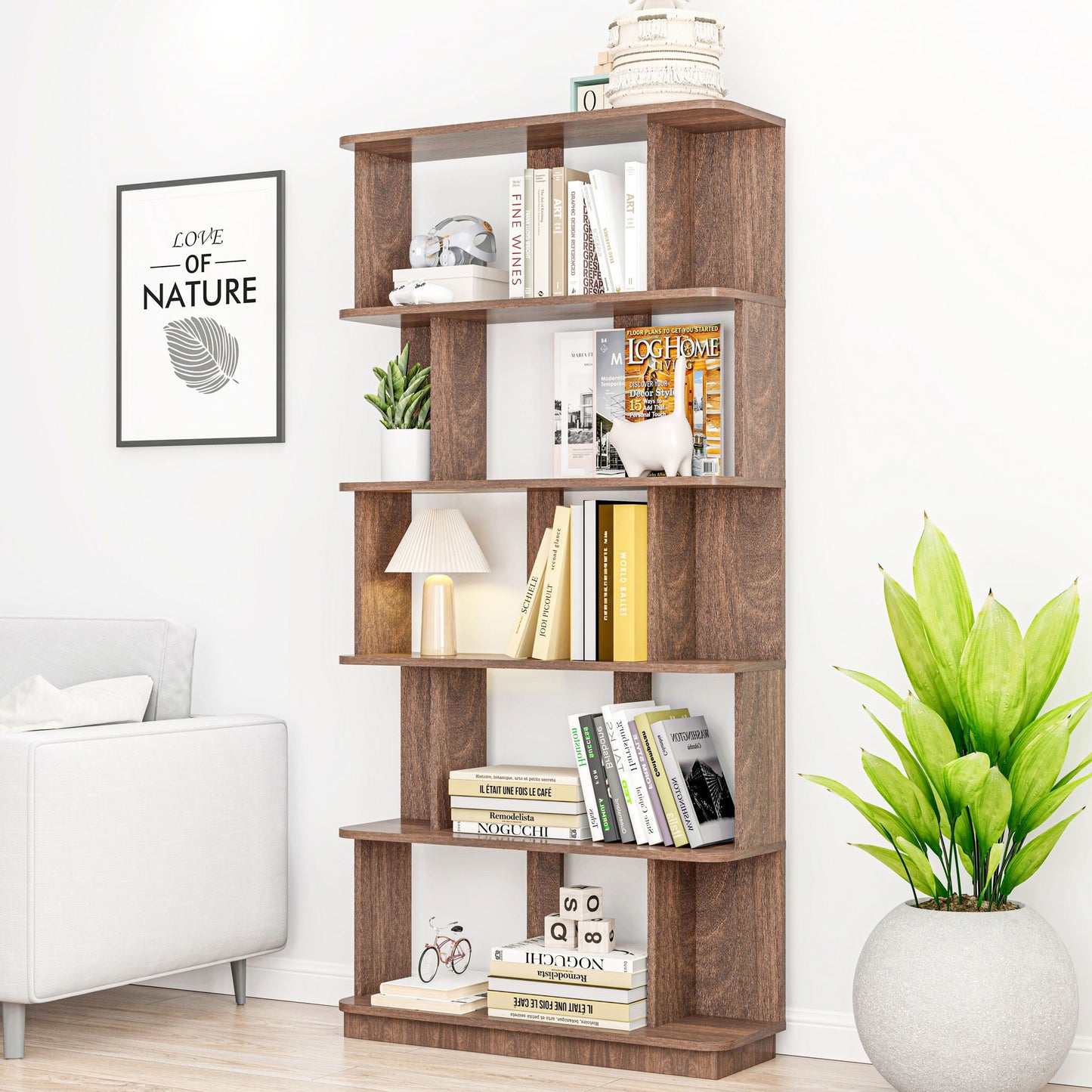 5 Tier Open Bookshelf, Free Combination Storage Shelving For Living Room - Dark Brown