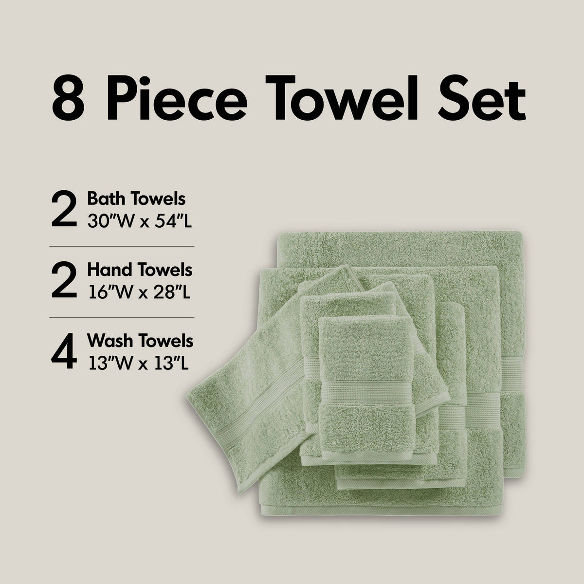 800GSM - 8 Piece Antimicrobial Towel Set - Sage Green