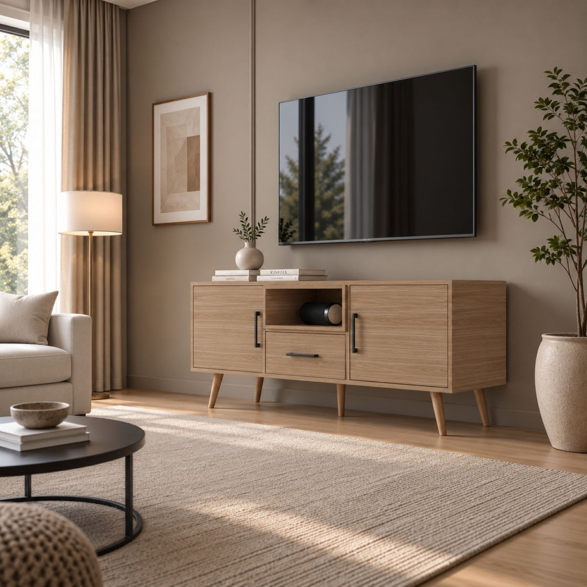 TV Stand For TVs Up To 60" With 2 Doors, 1 Drawer And 1 Open Shelf - Walnut
