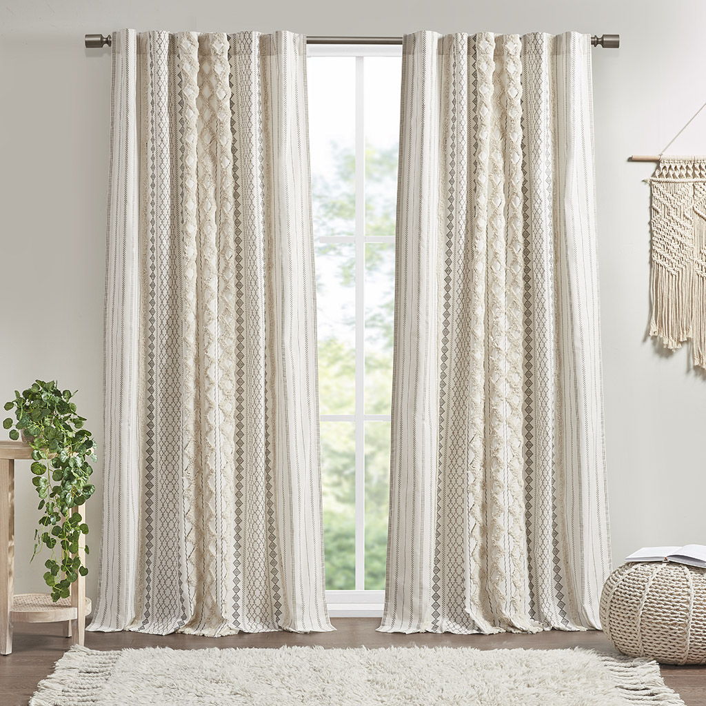 Imani - 50x108" Printed Curtain Panel With Stripe And Lining - Ivory