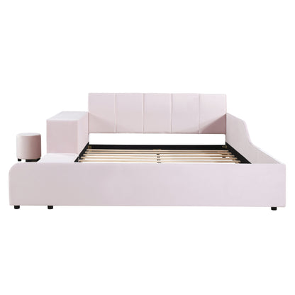 Upholstered Grounded Bed, With Bedside Desk And Little Round Stool