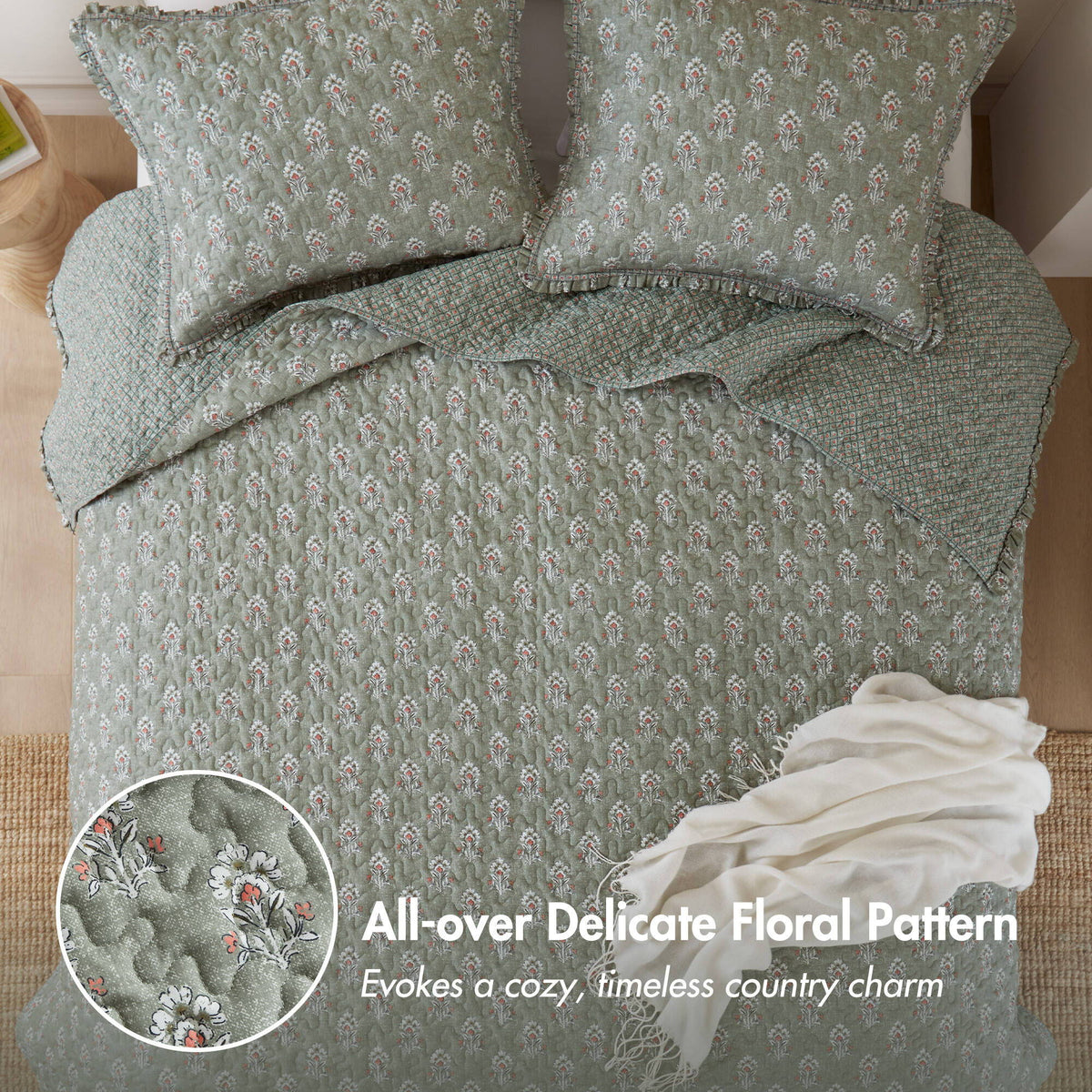 Linwood - Queen 3 Piece Ruffle Printed Quilt Set - Sage Green
