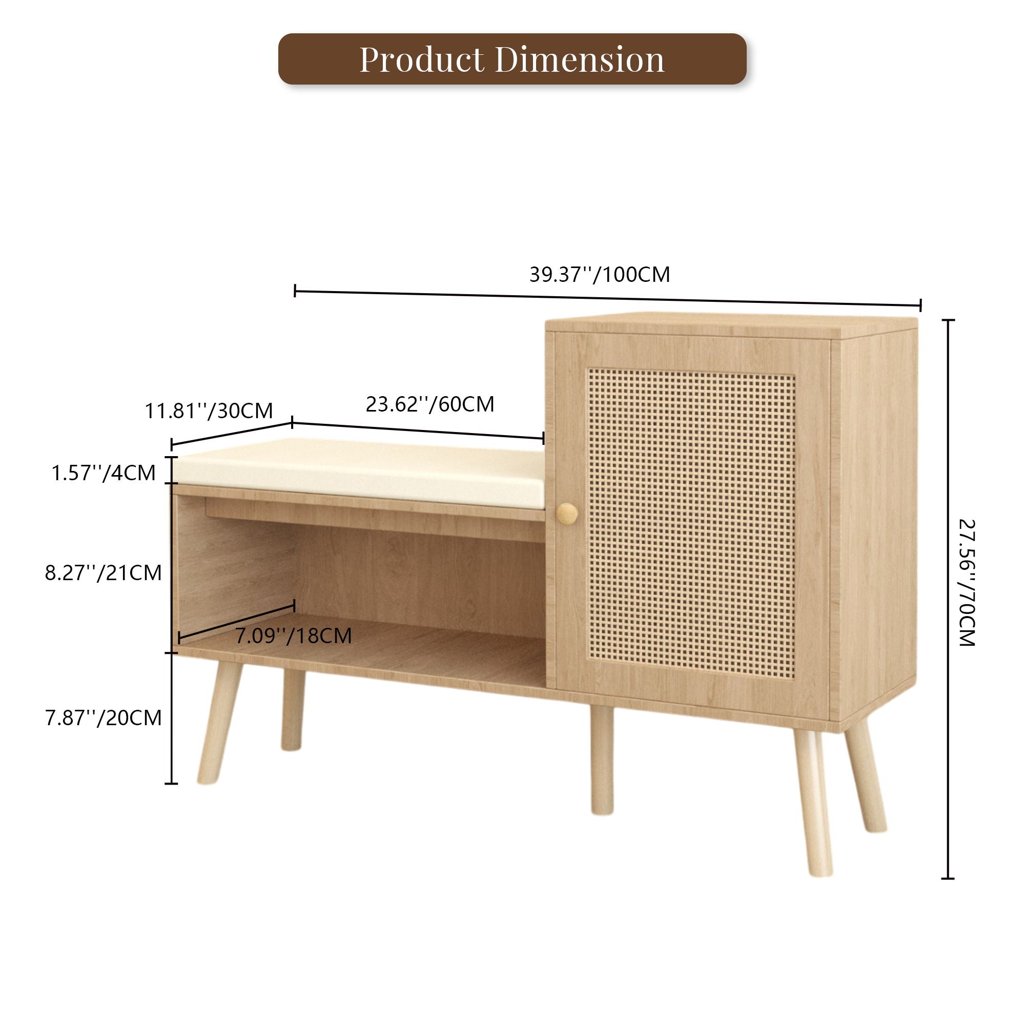 2 In 1 Shoe Storage Bench With Adjustable Shelves - Antique Natural / Rattan
