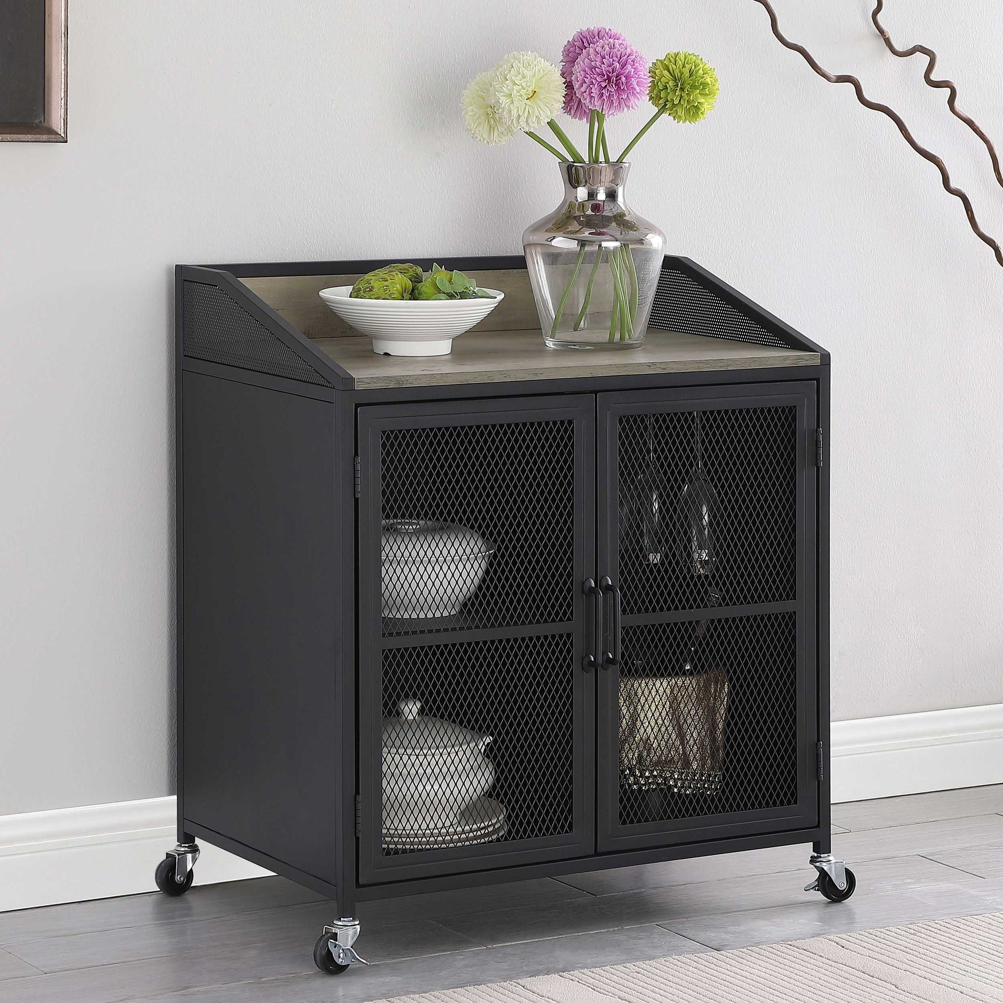 Arlette - 2 Door Mobile Home Bar Wine Cabinet With Smooth Rolling Casters - Black