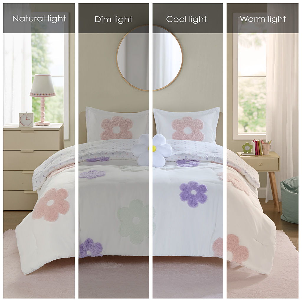 Gracie - Floral Reversible Tufted Chenille Twin Comforter Set With Flower Throw Pillow - White / Purple