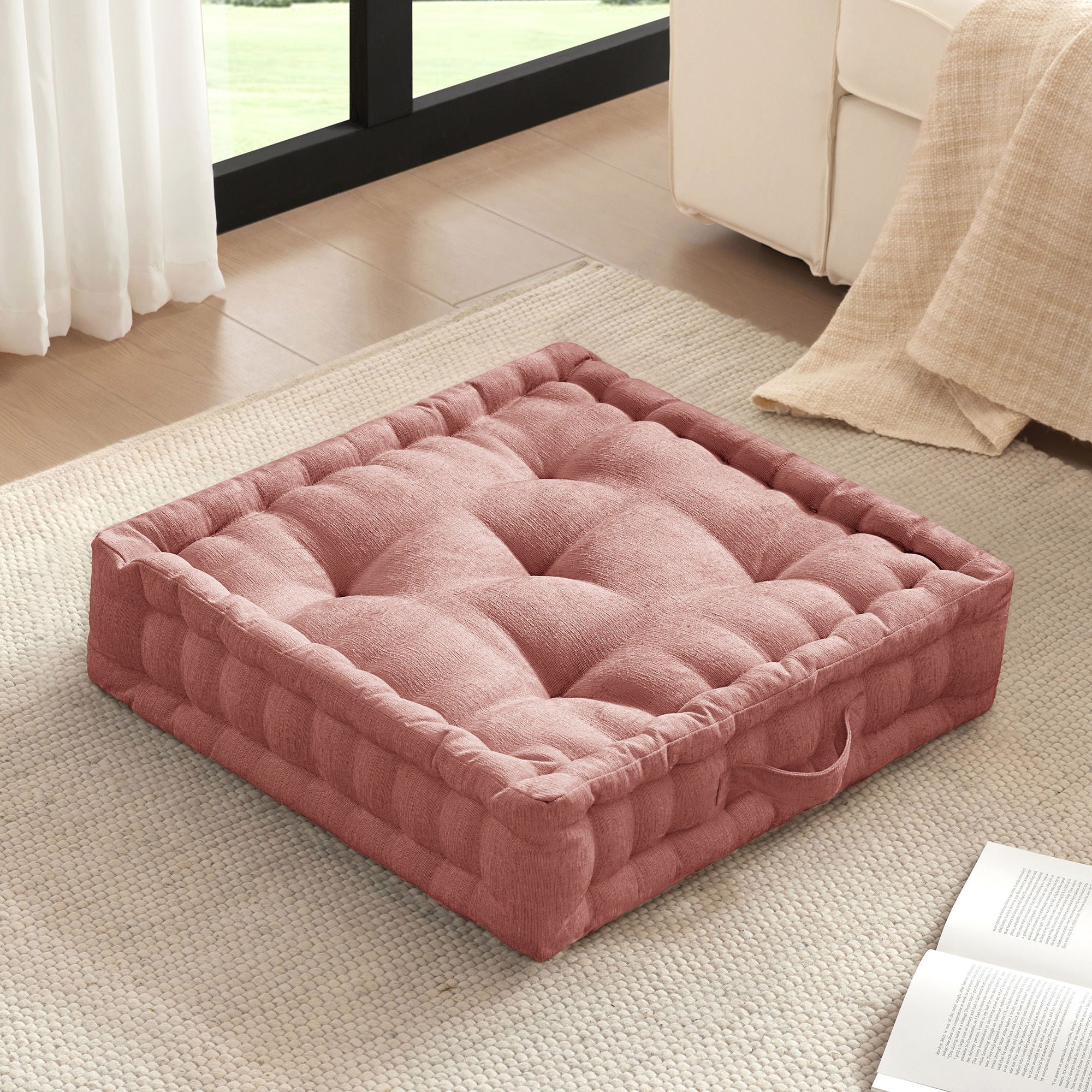 Azza - Poly Chenille Square Floor Pillow Cushion - Dusty Peach