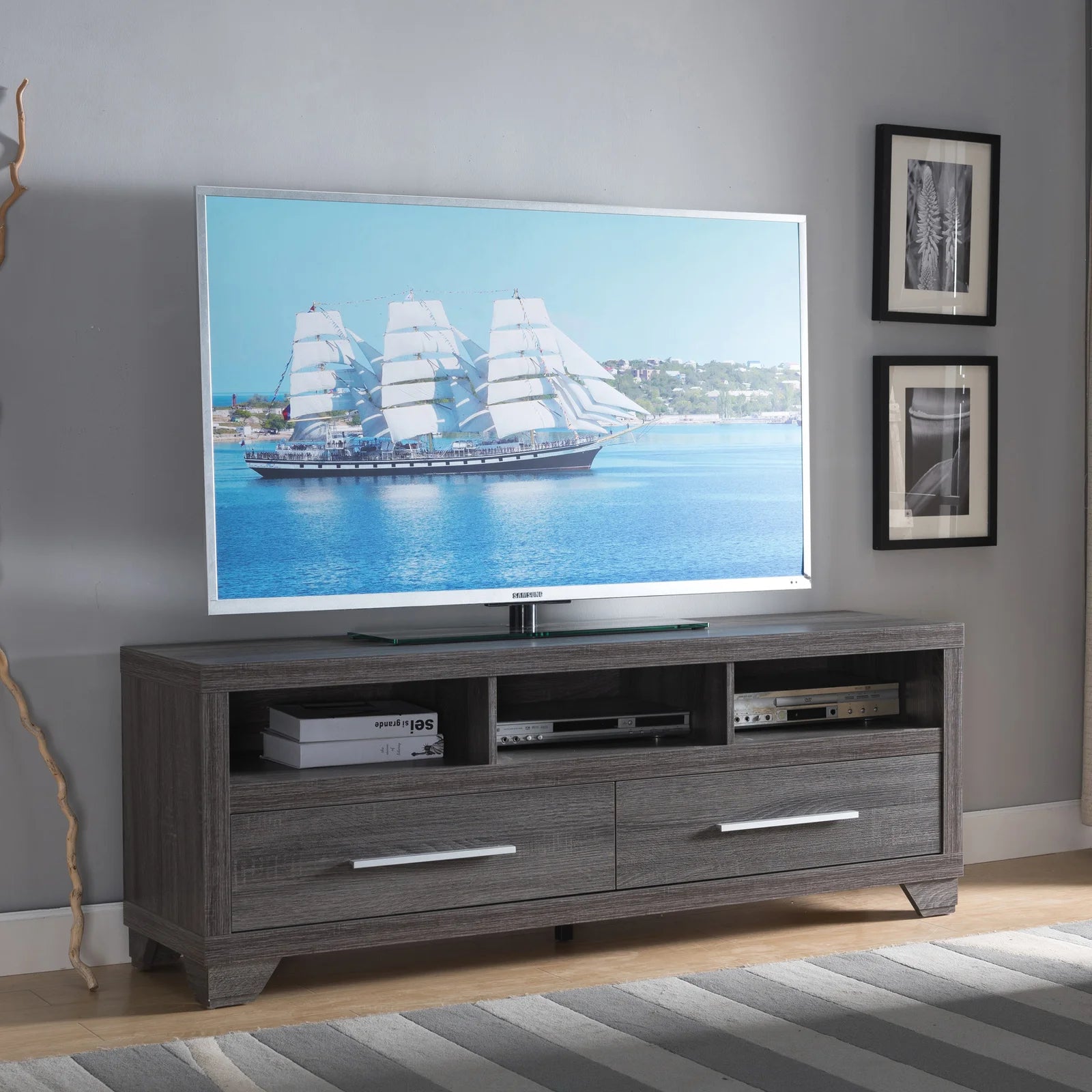 TV Stand Two Storage Drawers Three Display Shelves